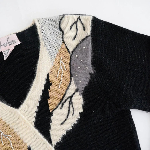 Vintage Joslen Smith  Black with Gold Detail V-Neck Sweater LG - Picture 9 of 12